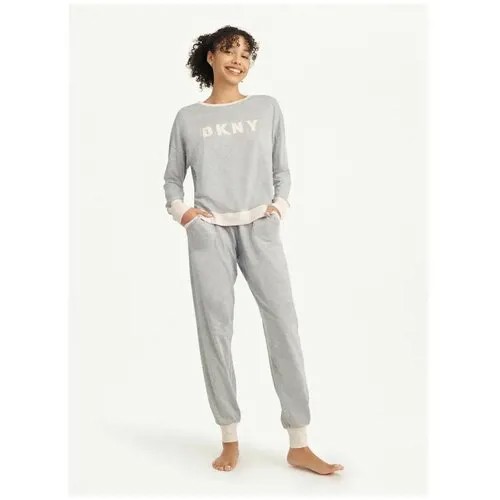 Пижама DKNY, брюки, свитшот, длинный рукав, пояс на резинке, трикотажная, карманы, размер L, серый