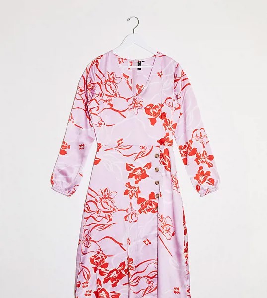 Розовое платье миди на пуговицах с цветочным принтом Influence Tall-Розовый цвет