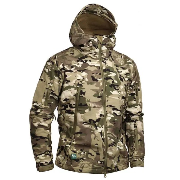 Камуфляж Военные Мужчины Куртка с капюшоном, Sharkskin Softshell Тактическое пальто армии США, Multicamo AT FG
