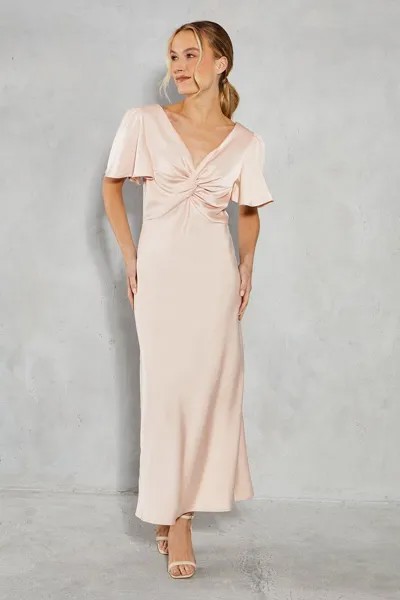 Атласное платье миди с рукавами ангела и закрученной передней частью для подружек невесты Oasis, розовый