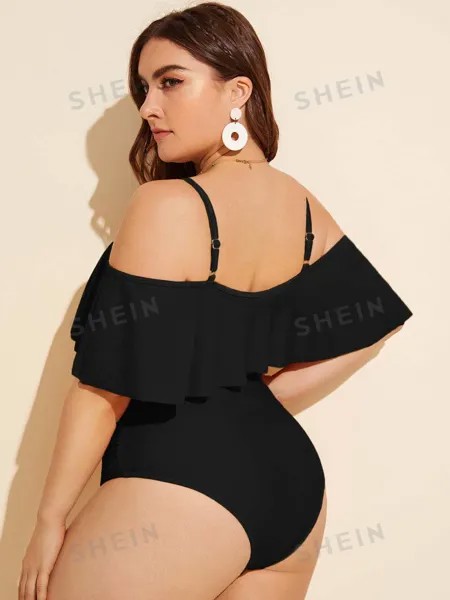 Сплошной купальник Swim Curve, плиссированные, с оборками, большого размера Shein, черный