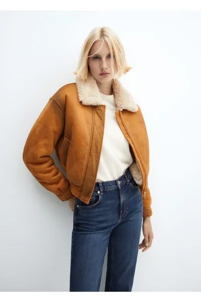 Меховая куртка в винтажном стиле Mango, коричневый