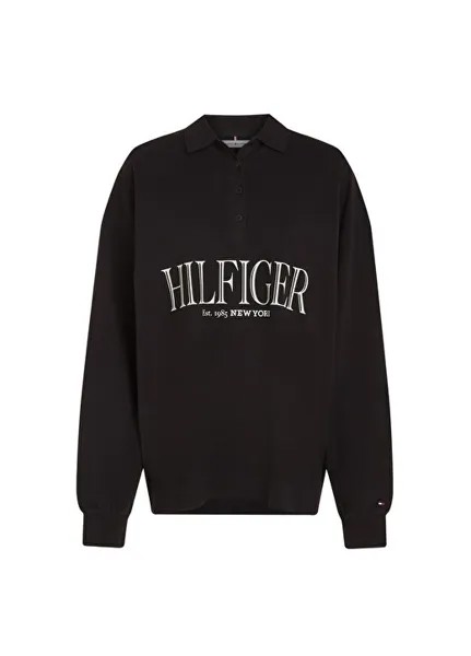 Черная женская футболка с воротником-поло с принтом BOYFRIEND MDN HILFIGER POLO LS Tommy Hilfiger, черный