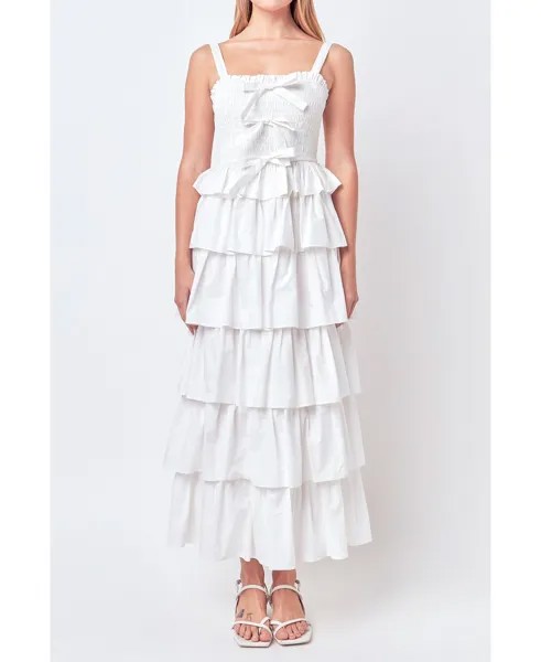 Женское многоярусное платье макси с рюшами и завязками English Factory, белый