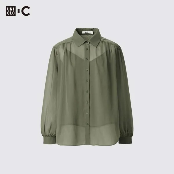 Блузка UNIQLO прозрачная с длинными рукавами, оливковый
