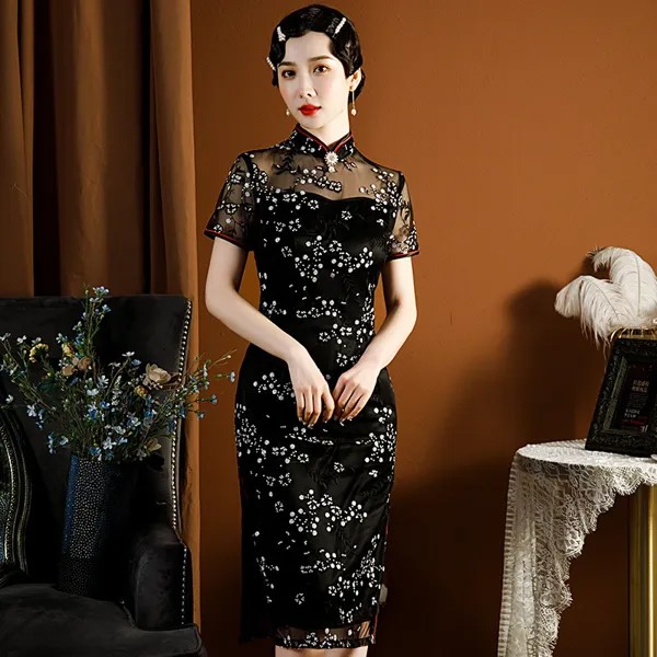 Элегантные пикантные китайский Стиль Cheongsam женский пиджак средней длины черный тонкий, летняя одежда с коротким рукавом Одежда вечернее ве...
