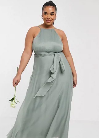 Оливковое платье-сарафан макси со сборками и завязками на талии ASOS DESIGN Curve Bridesmaid-Зеленый цвет