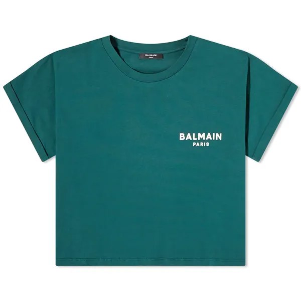 Укороченная футболка с логотипом Balmain из флока, зеленый