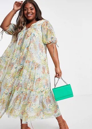 Платье А-силуэта макси в стиле 70-х с цветочным принтом ASOS DESIGN Curve-Разноцветный