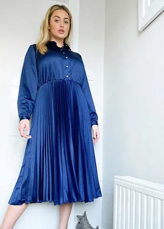 Темно-синее платье миди с плиссированной юбкой Closet London Plus-Темно-синий