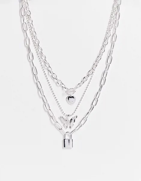 Серебристое ярусное ожерелье из цепочек с подвесками в виде сердечка, бабочки и замочка в стиле 90-х ASOS DESIGN-Серебристый