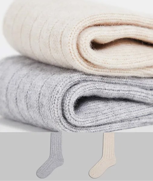 Набор из 2 пар носков в рубчик из смесовой шерсти бежевого и серого цветов Selected Homme-Разноцветный