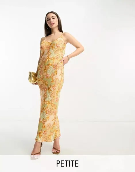 Атласное платье миди с бретельками Never Fully Dressed Petite из роскошного кружева золотого цвета
