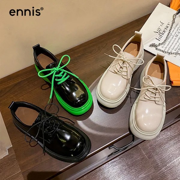Брендовые оксфорды ENNIS из натуральной кожи, женская повседневная обувь на толстой подошве, женские туфли на платформе, зеленые модные лофер...