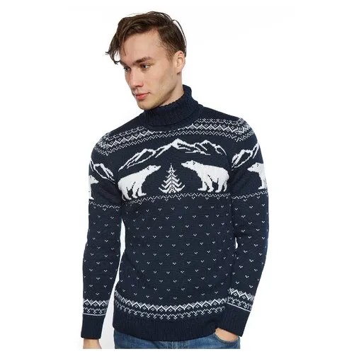 Новогодний свитер с высоким горлом, скандинавский орнамент с Медведями, натуральная шерсть, темно-синий цвет, размер S