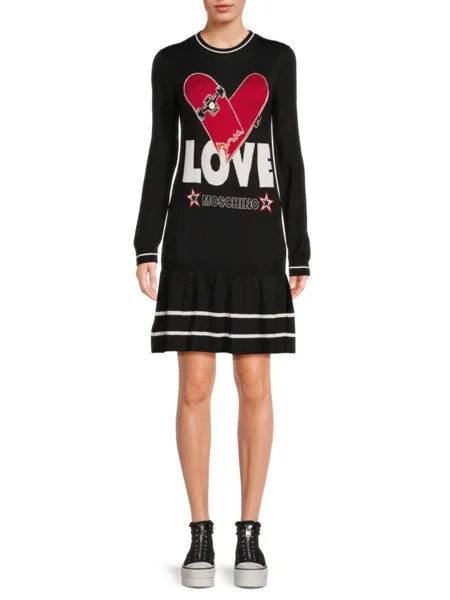 Мини-платье-свитер из смесовой шерсти с логотипом в виде сердца Love Moschino, черный