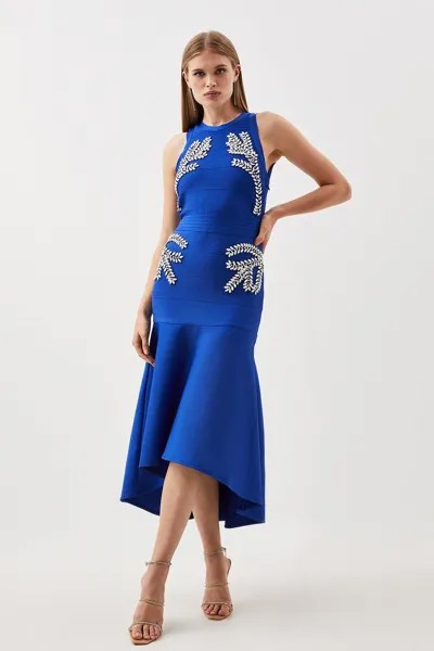 Украшенное бандажное трикотажное платье миди с высоким и низким подолом Karen Millen, синий