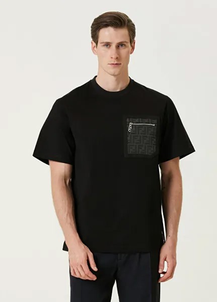 Черная футболка с декорированным карманом и детальным логотипом Fendi