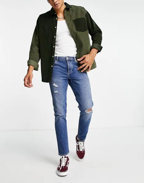 Темно-синие узкие джинсы с потертостями ASOS DESIGN-Голубой