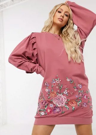 Розовое платье-свитшот мини с пышными рукавами и вышивкой по краю ASOS DESIGN-Черный