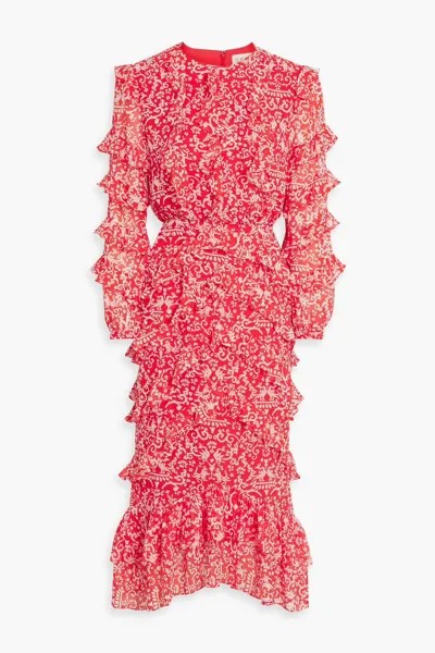 Платье миди из шелкового крепдешина с принтом Victoria и оборками Saloni, красный