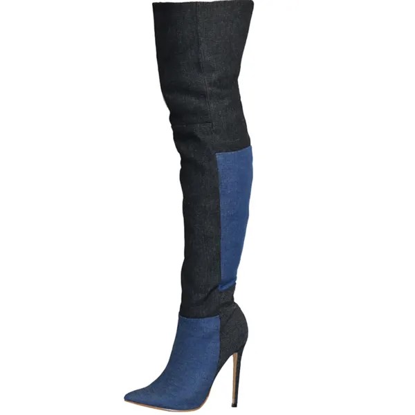Женские Модные Замшевые Сапоги выше колена с острым носком, в клетку