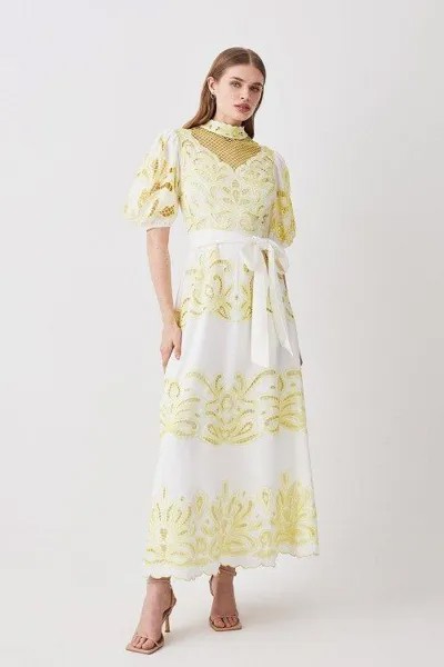 Платье макси из твиловой ткани с ажурной вышивкой Karen Millen, желтый
