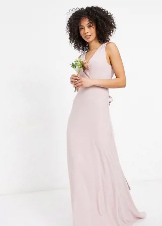 Серовато-бежевое платье макси для подружки невесты с глубоким вырезом и бантом на спине TFNC Tall-Розовый цвет