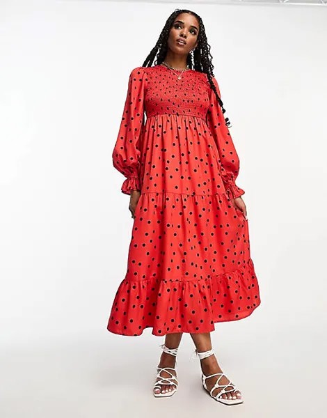 Красное ярусное платье средней длины с присборками в горошек Wednesday's Girl