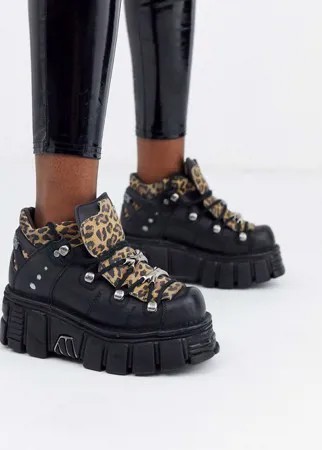 Кожаные кроссовки на массивной подошве со шнуровкой и леопардовым принтом New Rock-Мульти