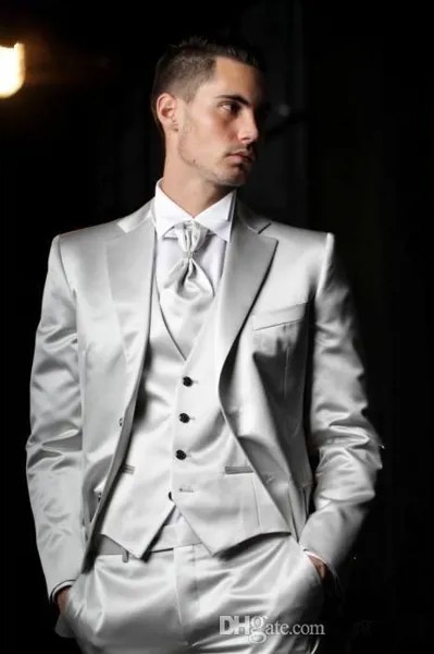 2017 новейший дизайн пальто брюки итальянские Серебристые серые атласные мужские костюмы приталенный смокинг 3 шт на заказ костюм для выпуск...