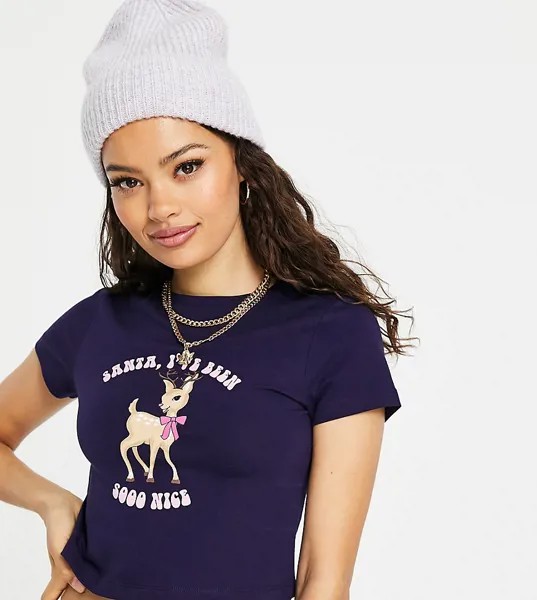 Черная новогодняя укороченная футболка с милым оленем ASOS DESIGN Petite-Черный цвет