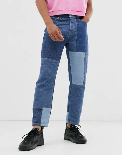 Синие джинсы классического кроя в стиле пэтчворк Topman-Синий