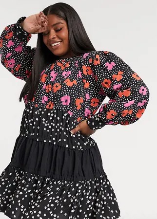 Ярусное платье мини в горошек/с цветочным принтом ASOS DESIGN Curve-Многоцветный