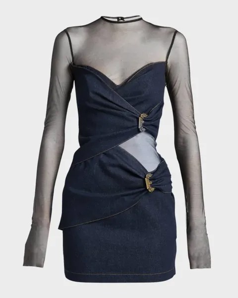 Джинсовое мини-платье с длинными рукавами из смешанной техники Versace Jeans Couture