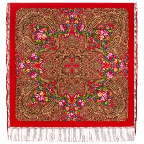 Платок Павловопосадская платочная мануфактура,148х148 см, горчичный, зеленый