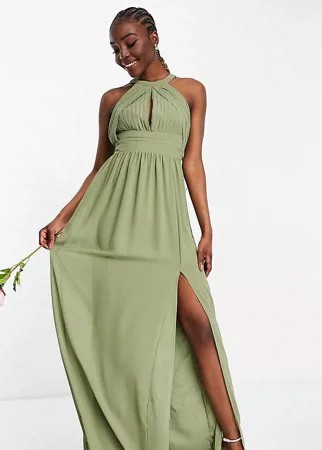 Плиссированное платье макси приглушенного зеленого цвета для подружки невесты TFNC Tall Bridesmaid-Зеленый цвет