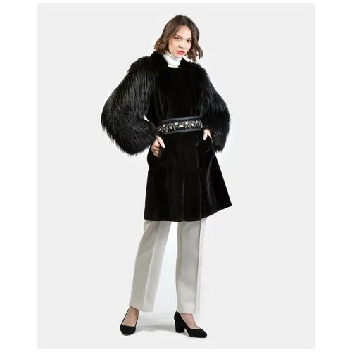 Пальто Rindi, норка, силуэт прямой, пояс/ремень, размер 42, черный