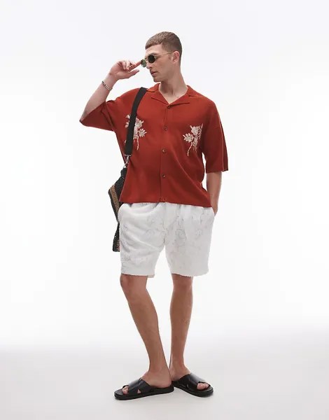 Topman – рубашка-поло ржавого цвета с вышитым узором