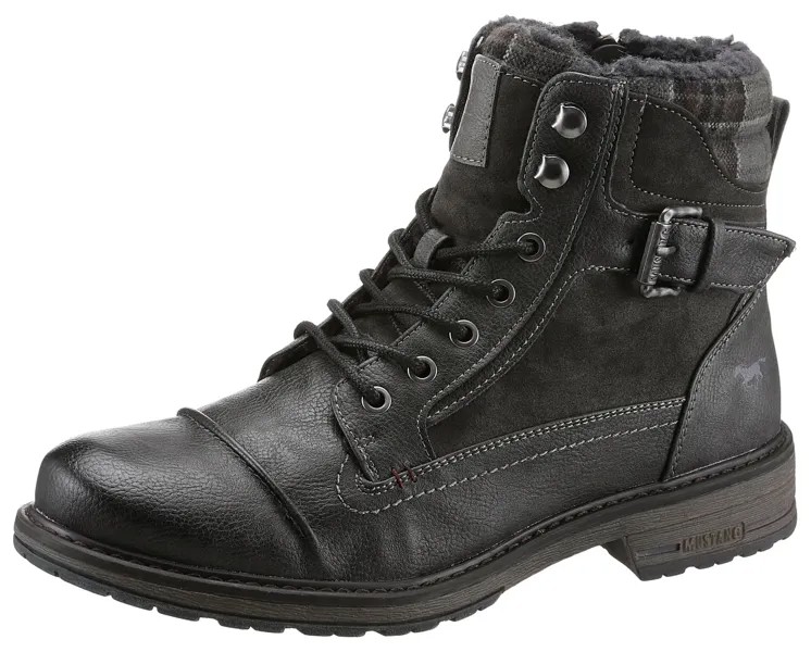 Зимние ботинки Mustang Shoes, блочный каблук, зимние ботильоны, ботинки на шнуровке с клетчатой ​​отделкой, цвет Graphit