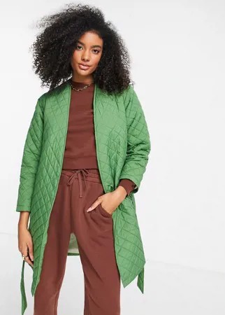 Зеленое стеганое пальто без воротника Helene Berman-Зеленый цвет