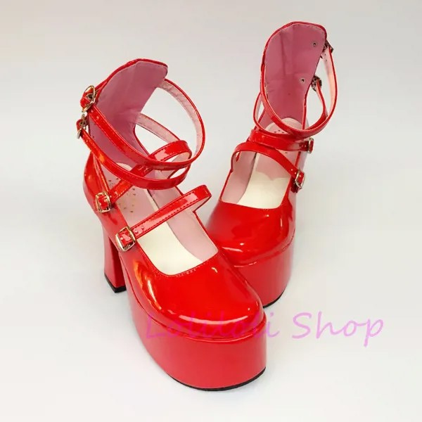 Симпатичные панковские туфли принцессы loliloli yoyo, японский дизайн, на заказ, большие размеры, красная яркая кожа, пряжка, ремешок, туфли на выс...