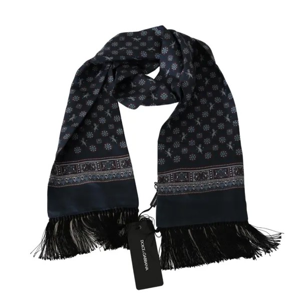 DOLCE - GABBANA Шарф Темно-синий шелковый платок с узором и бахромой 15см x 140см 350 долларов США