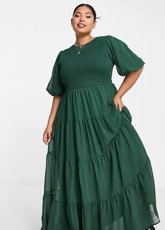 Присборенное ярусное платье макси хвойно-зеленого цвета ASOS DESIGN Curve-Зеленый цвет