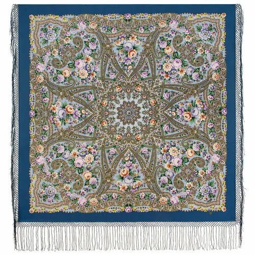 Платок Павловопосадская платочная мануфактура,148х148 см, горчичный, голубой