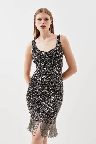 Тканое мини-платье с бахромой и декором из бисера Karen Millen, золото