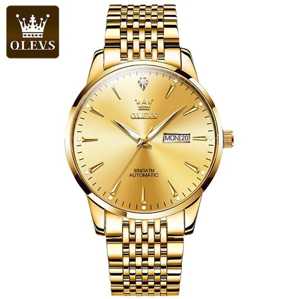 Мужские роскошные золотые наручные часы OLEVS, светящиеся стрелки, водонепроницаемость 30 м, автоматические механические часы, мужские часы, м...
