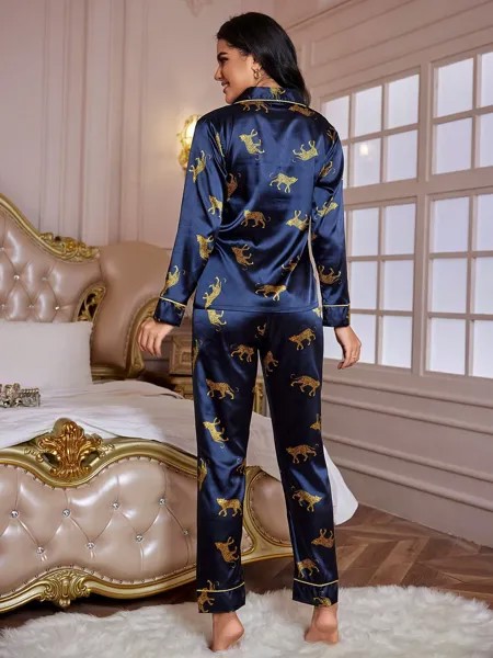 Luxe Nights Атласная пижама с леопардовым принтом Декорирован четырьмя краями Shein, темно-синий