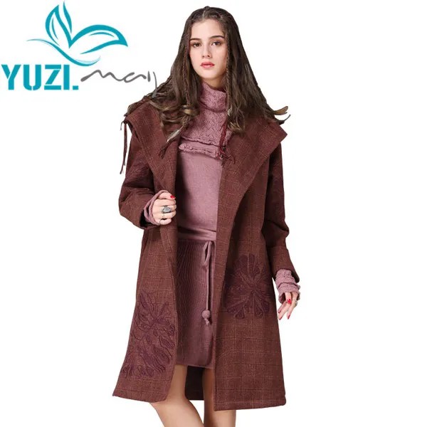 Женское пальто 2018 Yuzi.may Boho, новая куртка из полиэстера и шерсти, женское утепленное винтажное пальто с капюшоном и длинным рукавом и вышивкой B9270