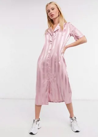 Атласное платье-рубашка миди в полоску Urban Threads-Розовый